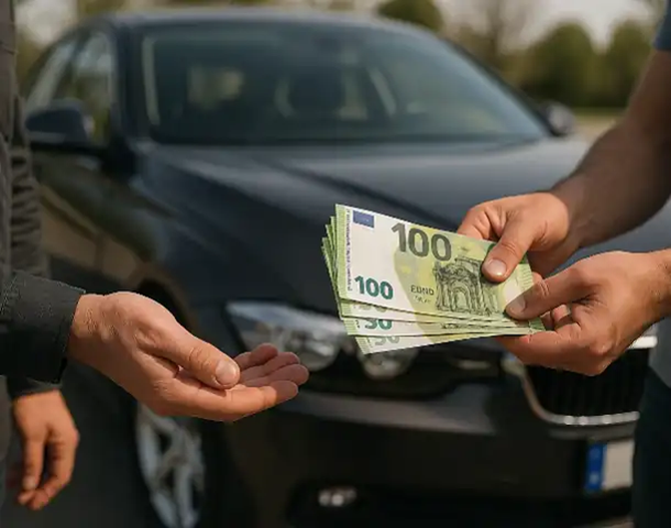 Ein zufriedener Kunde erhält beim Autoankauf in Dreieich sofort Bargeld für sein Fahrzeug.
